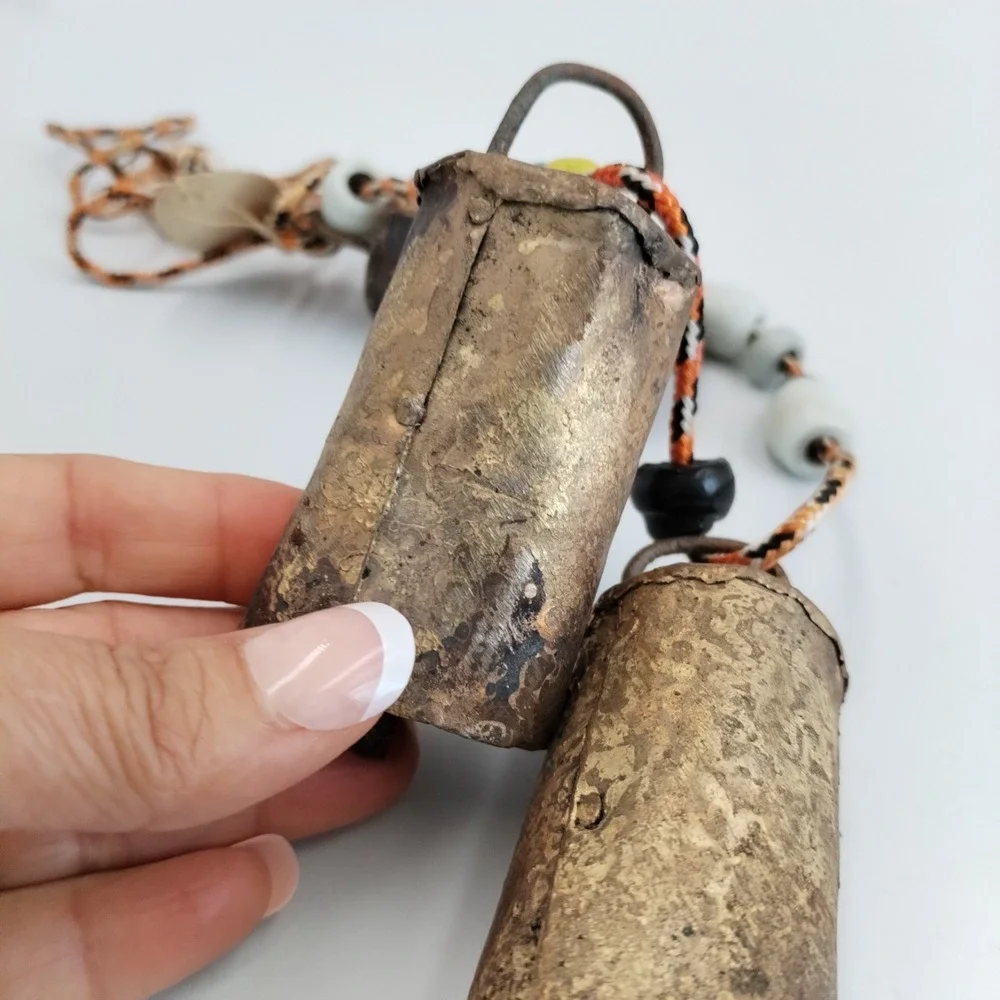 Vintage Rustic Harmony Cow Bells Cluster Set of 3 Brass Iron Boho Hanging Cord